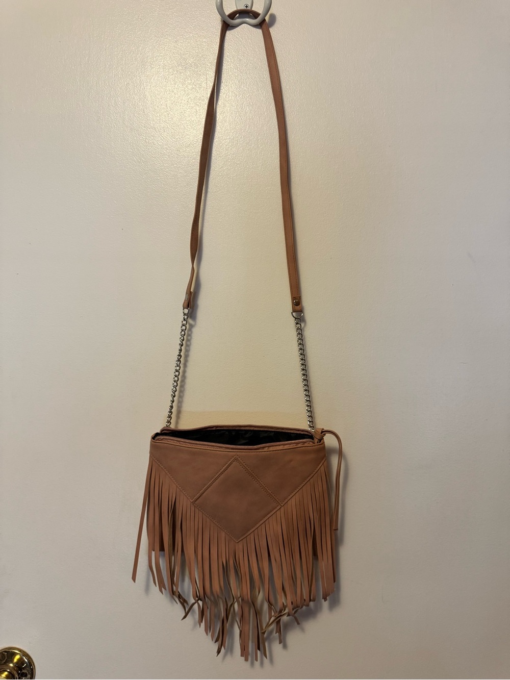 Women's Tan Fringe Crossbody Bag with Chain Strap